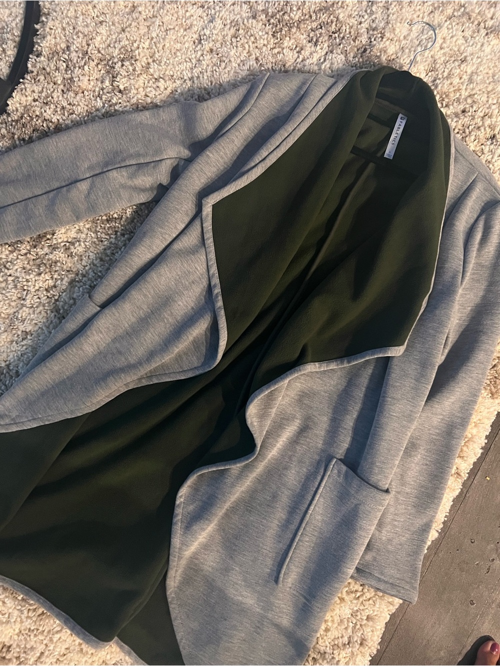 Fabletics Open-Front Draped Coatigan in Gray with Olive Lining